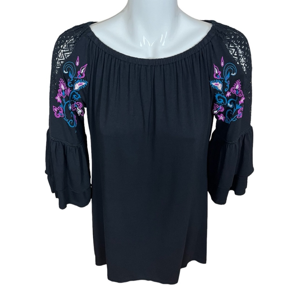 NY Collection Black Embroidered Lace Ruffle Sleeve Tunic Top Large NWT - Picture 3 of 13